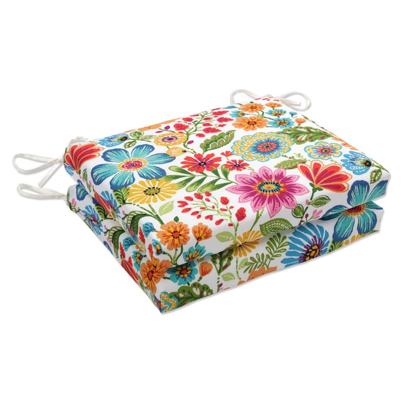 Pillow Perfect Bright Floral Indoor/Outdoor Chair Pad With Ties, 2 Count, 16" x 18.5", Blue/Purple Gregoire - Image 1